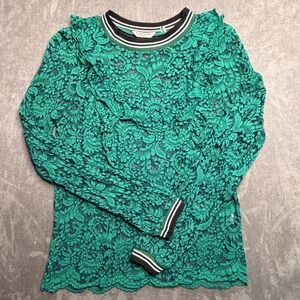 NAF NAF Lace Top Womens 36 Green Sheer Ruffle Striped Trim Long Sleeve Blouse